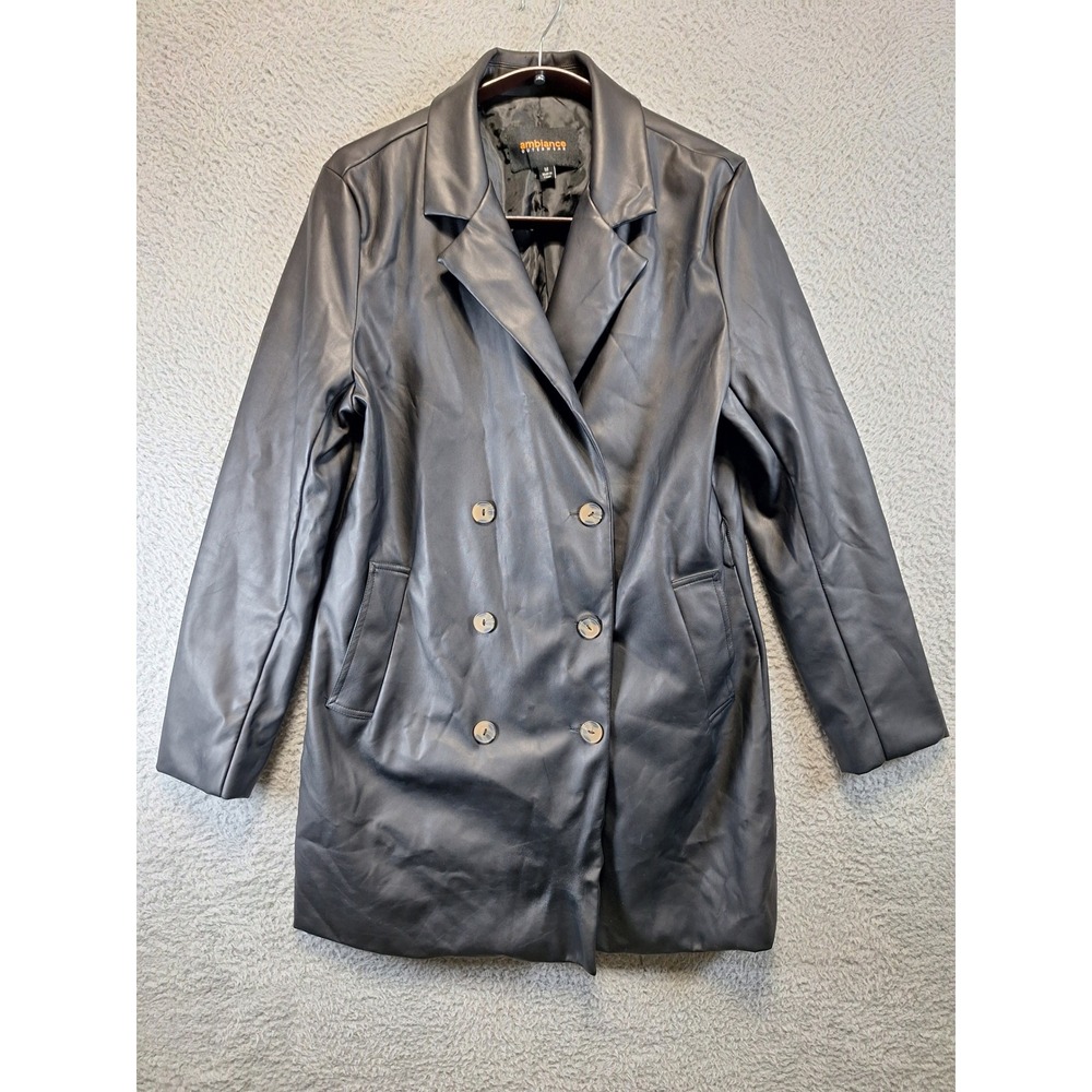 Ambiance‎ Outerwear Black Faux Leather Double Breasted Blazer Coat Womens Medium